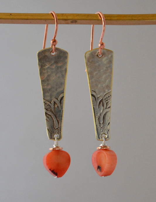 Earrings - Coral Hearts With Silver Embossed Plates