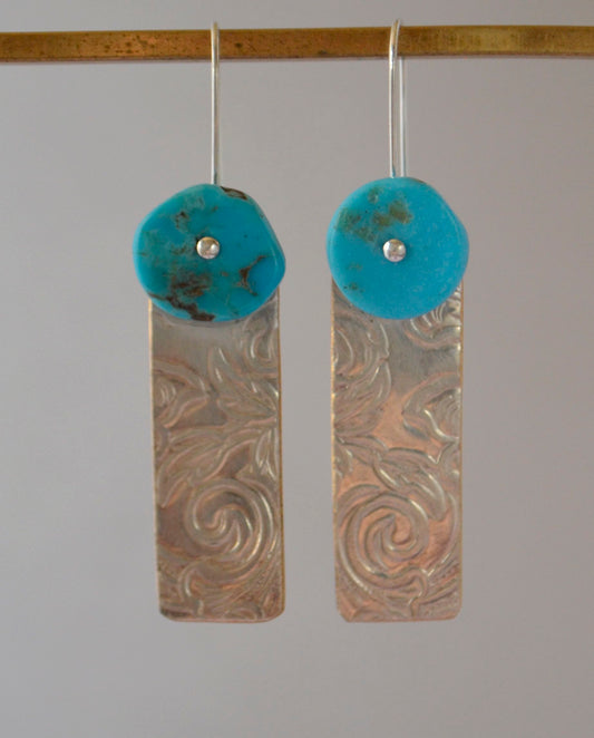 Earrings - Turquoise Disks with Embossed Silver Plates