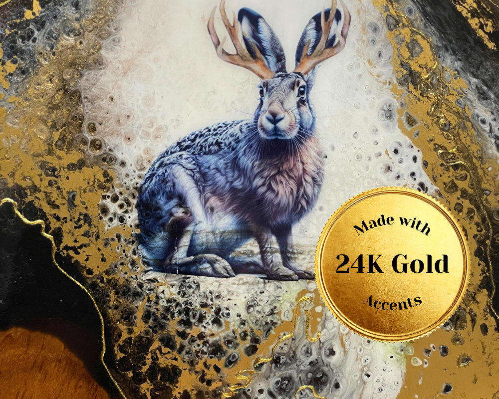 " Jackalope " Teak Cheese Board with 24 K Gold