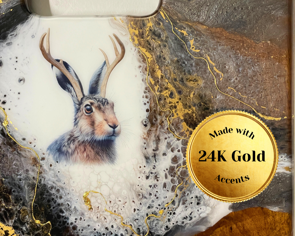 " Jackalope Head " Teak Cheese Board with 24 K Gold