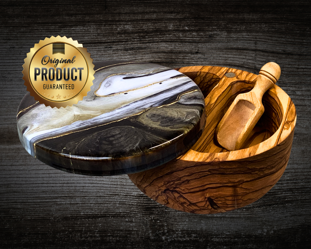 Handcrafted Olive Wood Double Spice Cellar with Abstract Resin Artwork and 24K Gold Accents