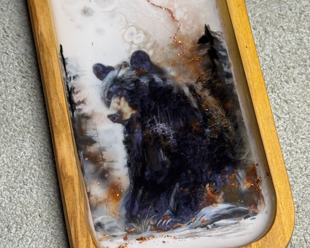 Olive Wood Spoon Rest with Black Bear Resin Art and 24K Gold Inlay