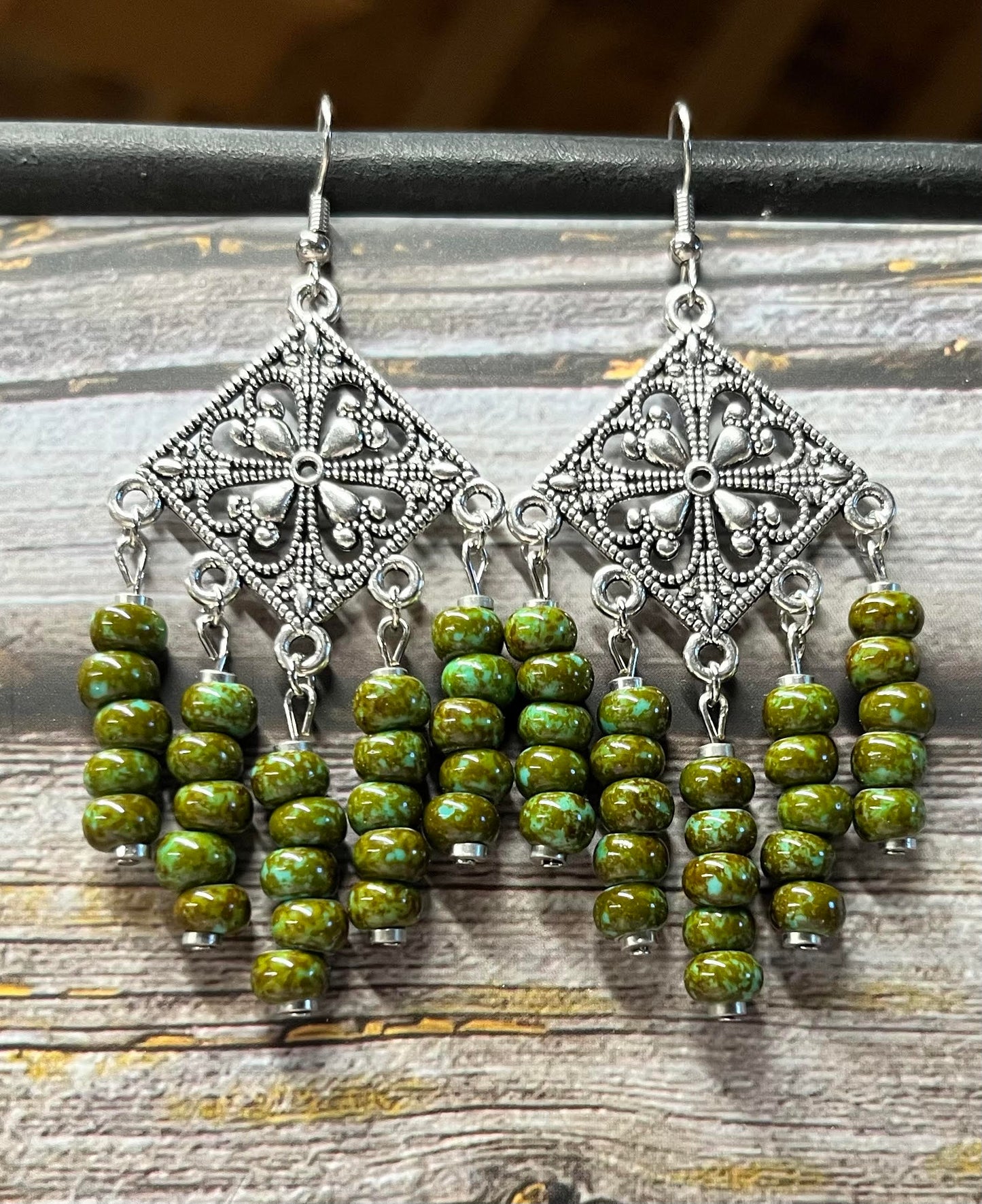 Earrings - Mossy Green Czech Glass and Silver