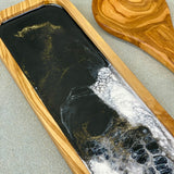 Olive Wood with Black and White Resin Spoon Rest Kitchen Helper