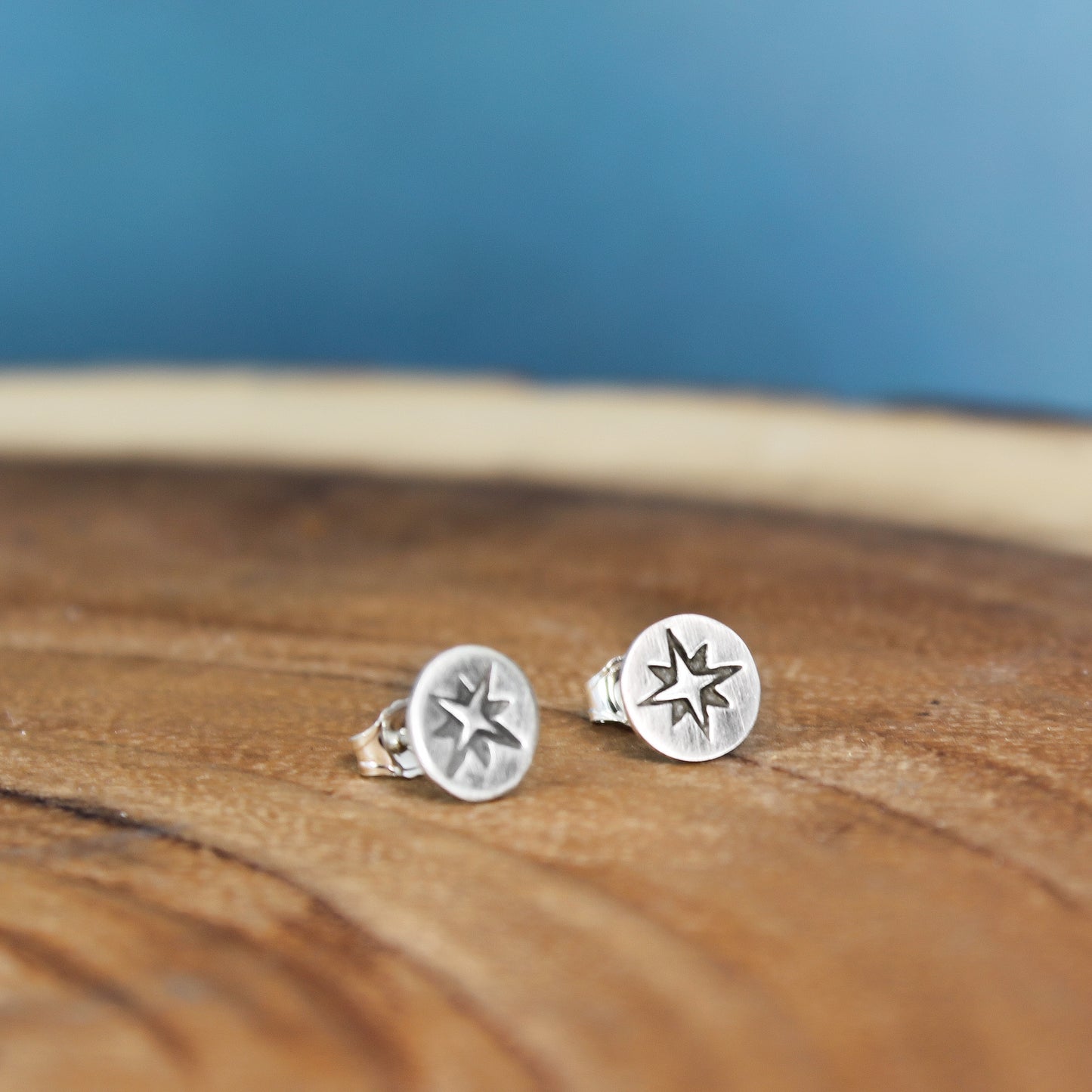 Silver " Compass " Stud Earrings