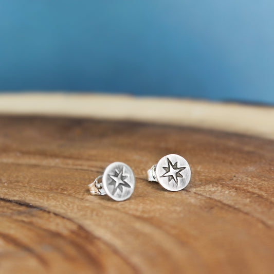 Silver " Compass " Stud Earrings