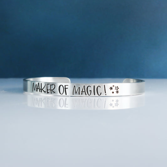 " Maker of Magic " Slim Cuff Silver Bracelet