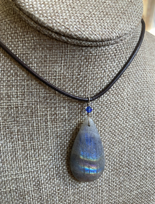 Leather Choker Necklace- Labradorite