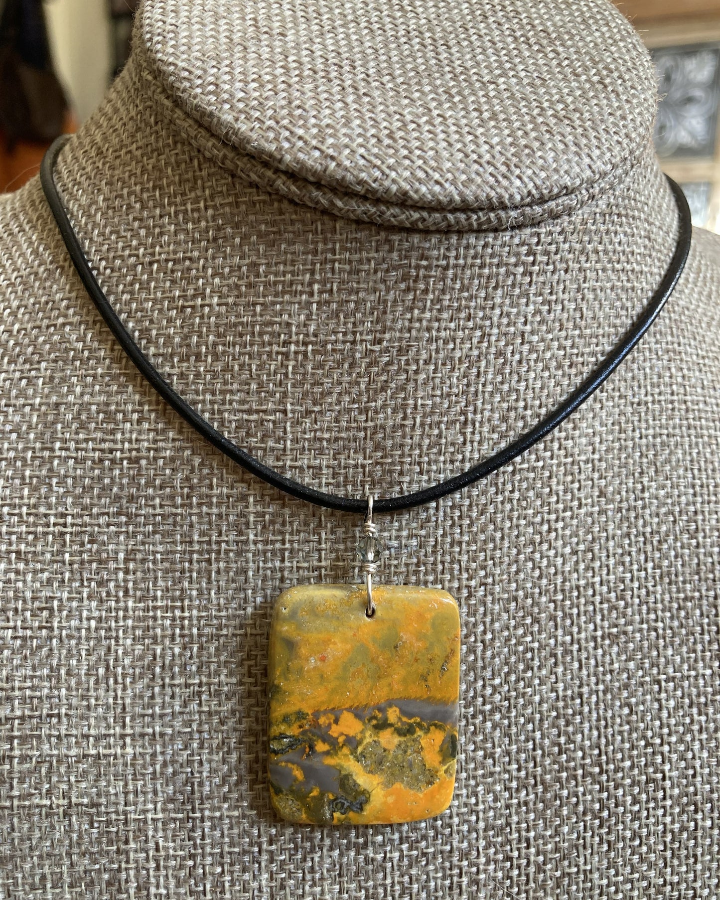Leather Choker Necklace- Bumblebee Jasper