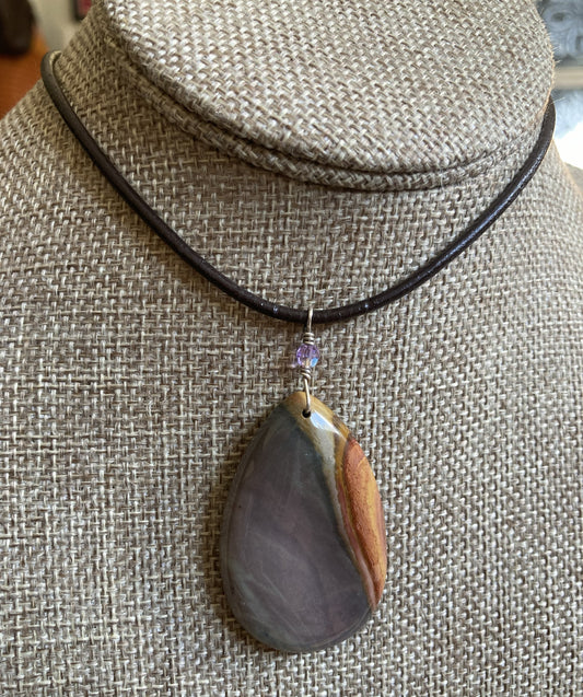 Leather Choker Necklace-  Teardrop Polychrome Jasper
