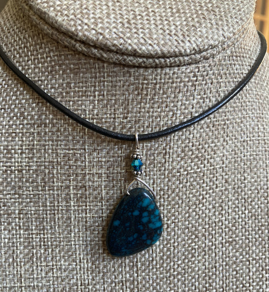 Leather Choker Necklace-  Turquoise