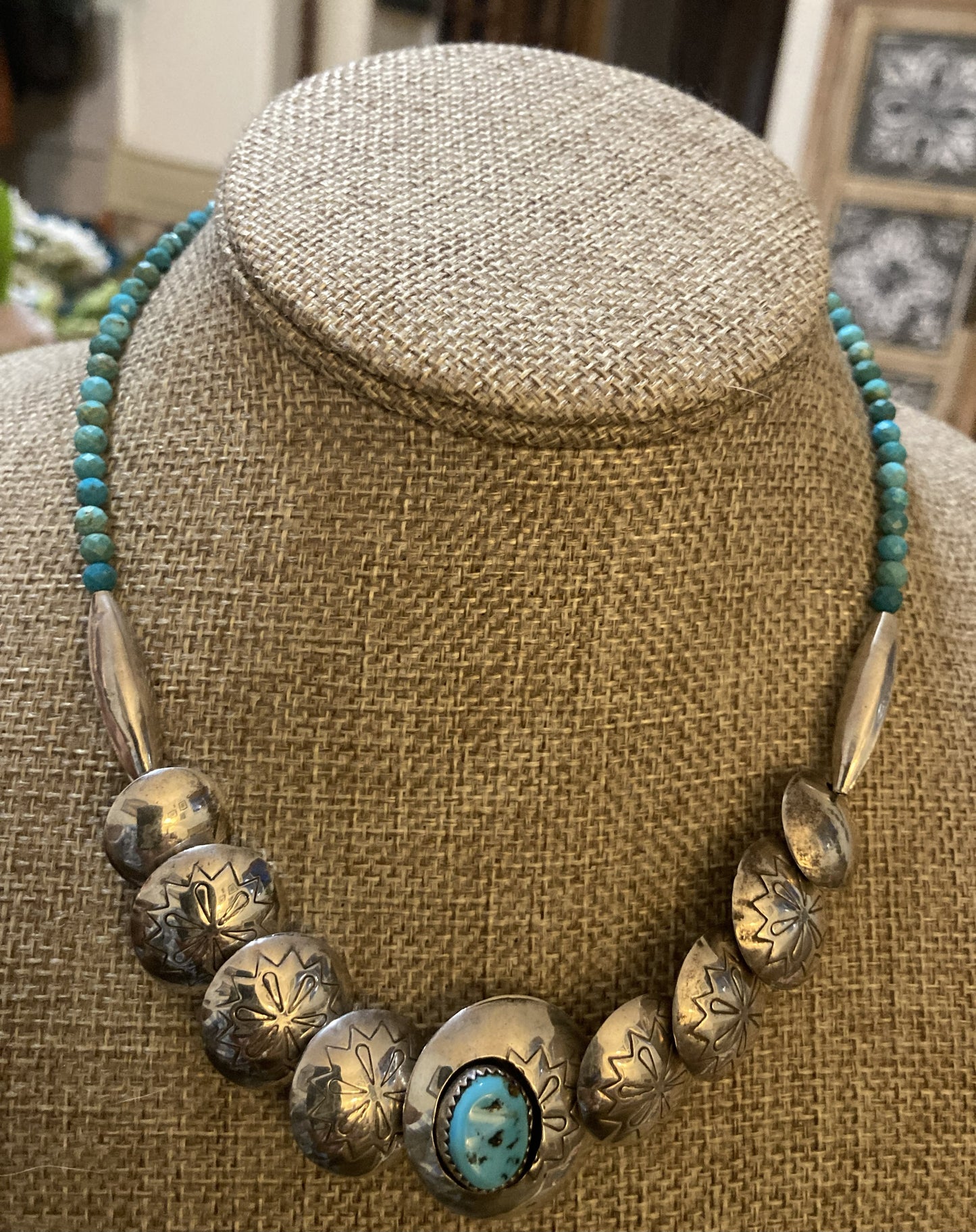 Necklace- Navajo Silver Pillow Beads and Turquoise