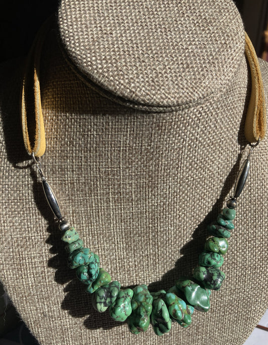Necklace- Green Turquoise Nuggets With Leather