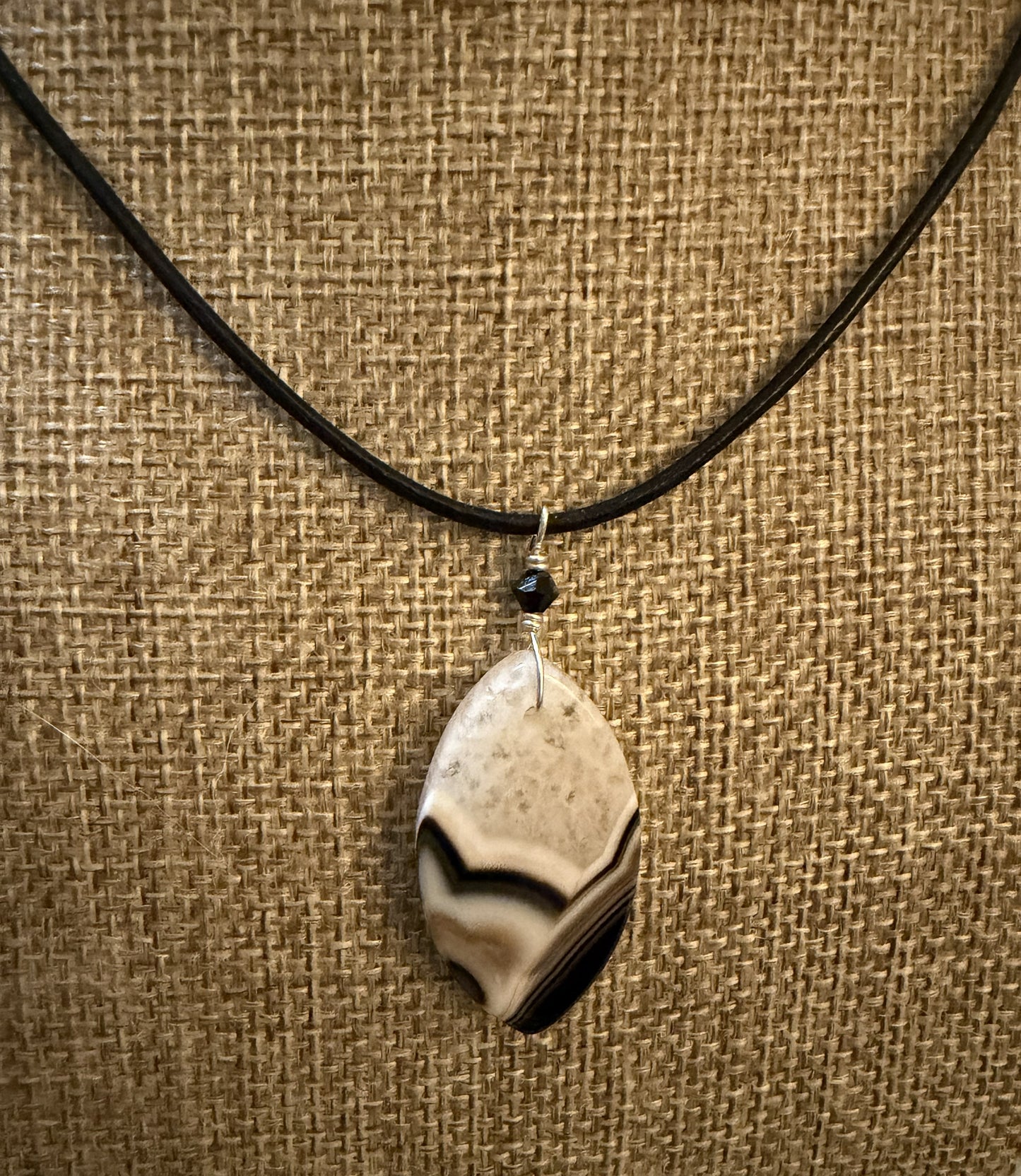 Leather Choker Necklace-  Black and White Agate