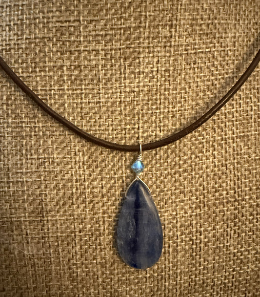 Leather Choker Necklace-  Blue Kyanite