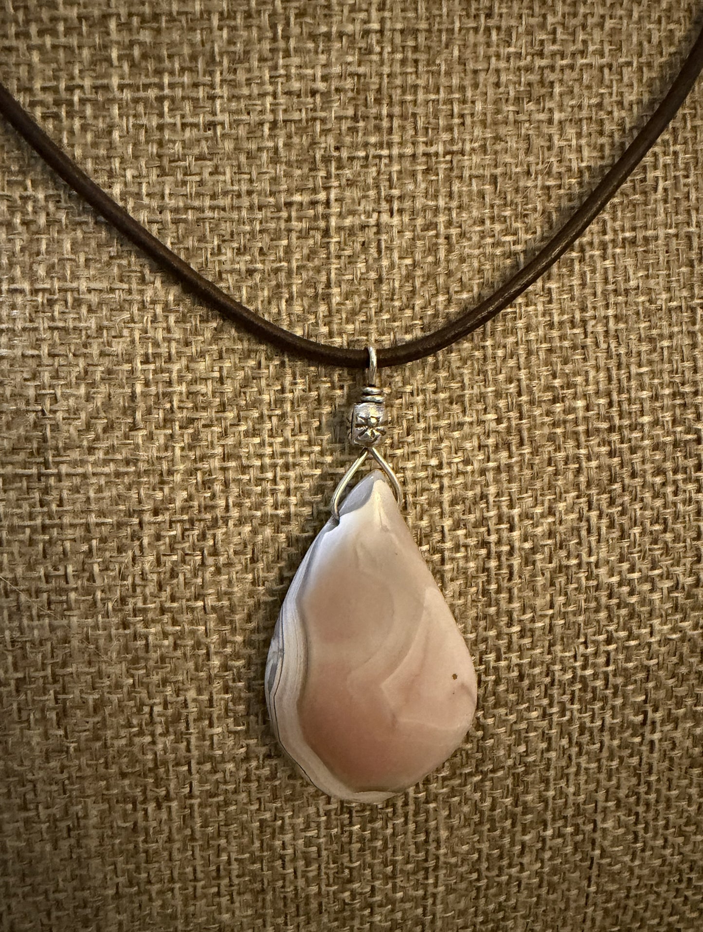 Leather Choker Necklace-  Pink Botswana Agate