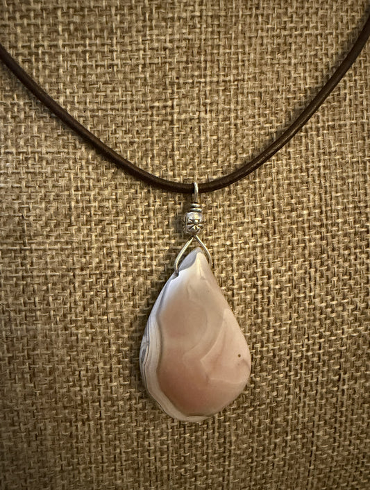 Leather Choker Necklace-  Pink Botswana Agate