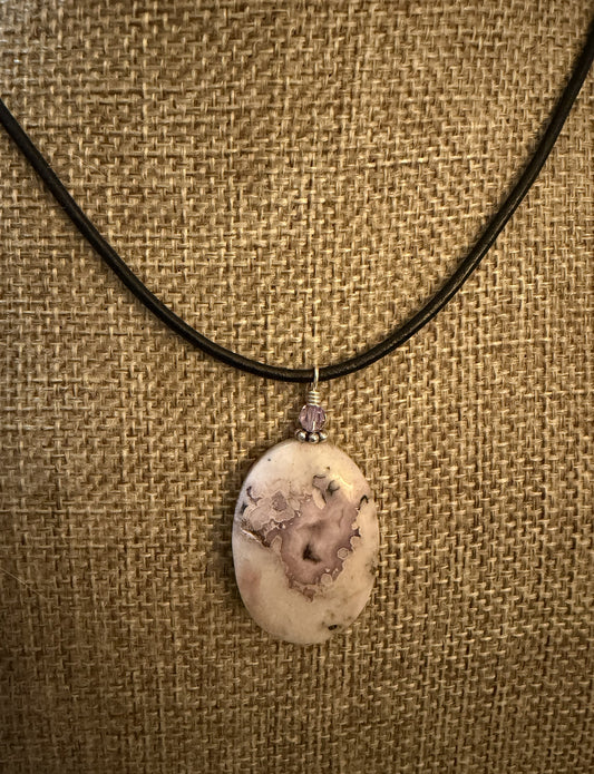 Leather Choker Necklace-  Purple and White Agate