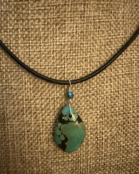 Leather Choker Necklace-  Small Genuine Turquoise