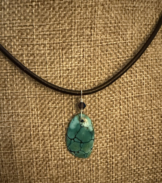 Leather Choker Necklace-  Petite Genuine Turquoise