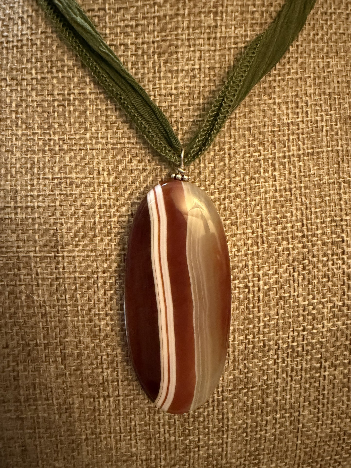 Silk Tie Necklace- Red Striped Agate