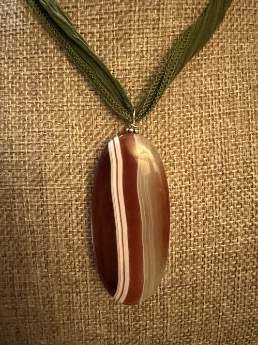 Silk Tie Necklace- Red Striped Agate