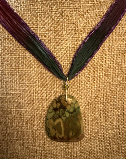 Silk Tie Necklace- Genuine Olive Green Turquoise