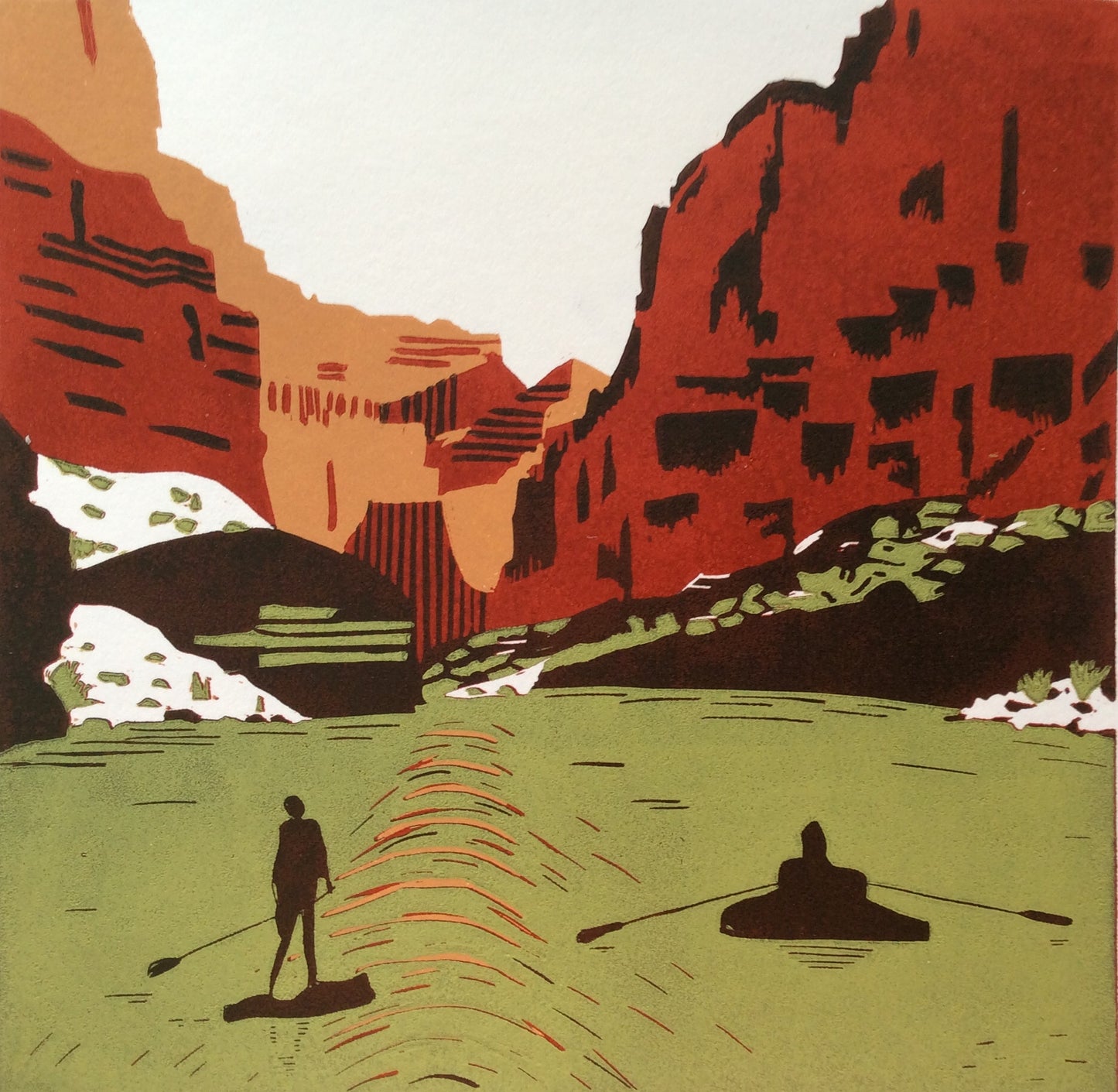 Framed Linocut Print- "Grand Canyon" Paddle Boarders