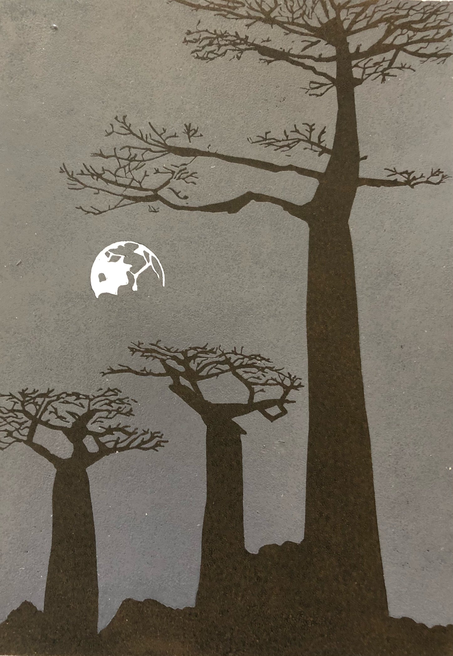 Matted Linocut Print- "Boabab Usiku" Trees and moon