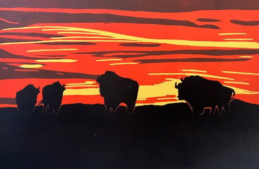 Matted Linocut Print- "Into The Sunset" Bison
