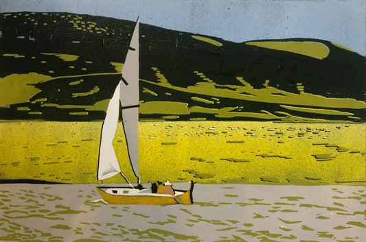 Matted Linocut Print- "High Plains Drifter" Sail Boat
