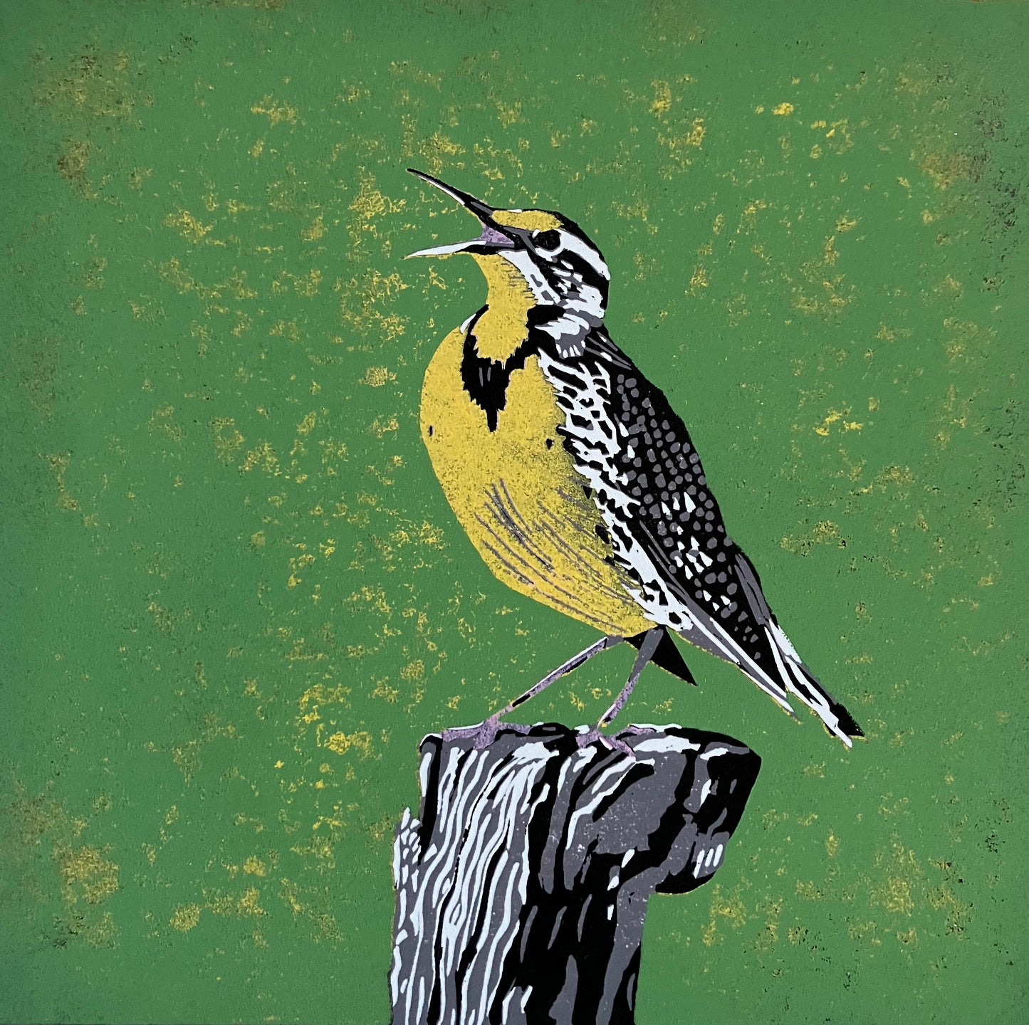 Framed Linocut Print- "Meadowlark"