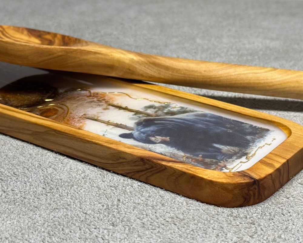 Handcrafted Olive Wood Spoon Rest with Black Bear Resin Art & 24K Gold Accents
