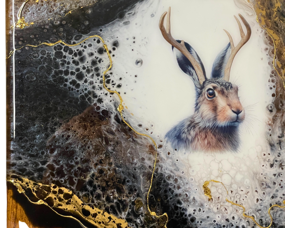 " Jackalope Head " Teak Cheese Board with 24 K Gold