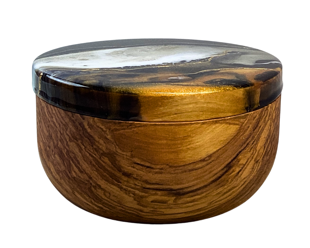 Handcrafted Olive Wood Double Spice Cellar with Abstract Resin Artwork and 24K Gold Accents