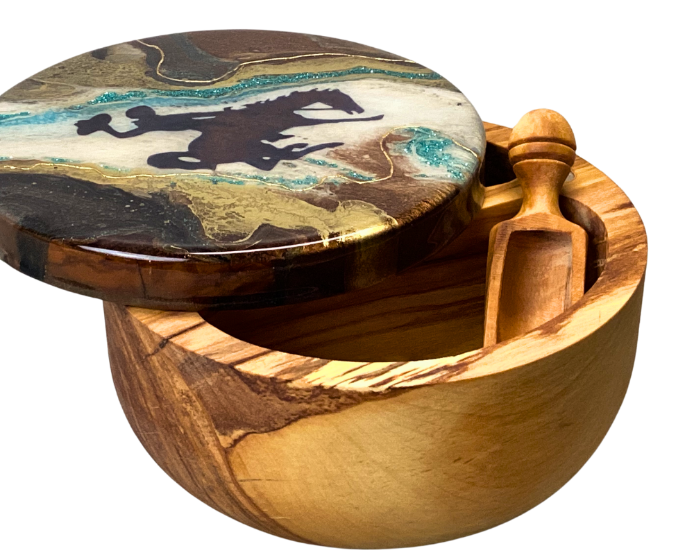Wyoming Cowboy Olive Wood Spice Cellar with Resin Art – Dbl. Compartment