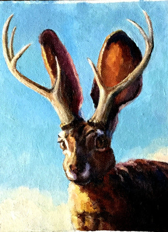 image of a 3 by 4 jackalope. image was an original oil painting. blank 5 by 7 card with envelope