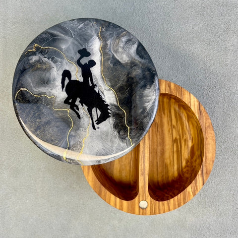black, gray and white resin. Bucking horse and rider decal. Olive wood salt cellar