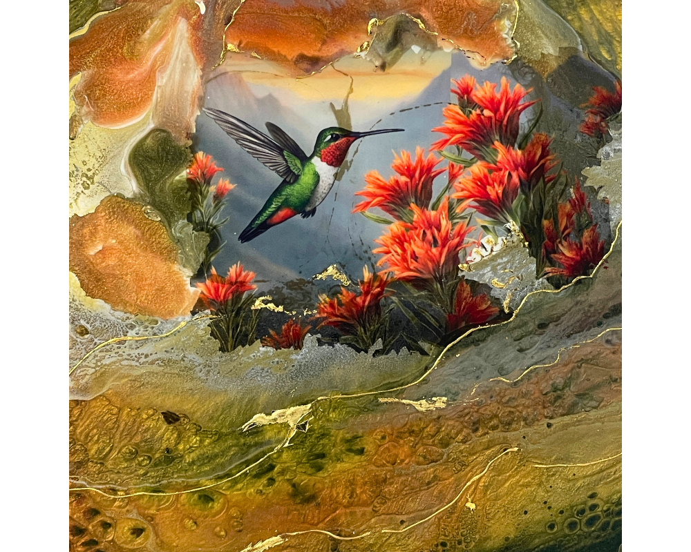 " Hummingbird and Indian Paintbrush " Charcuterie Board with 24K Gold
