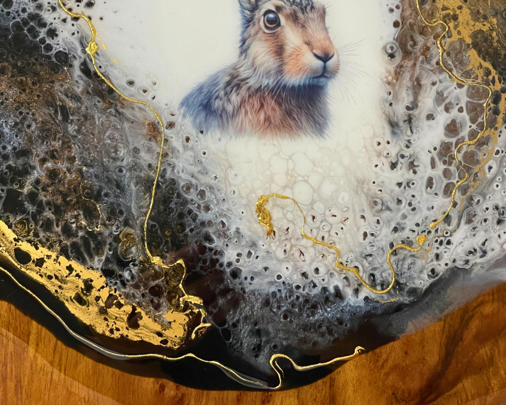 " Jackalope Head " Teak Cheese Board with 24 K Gold