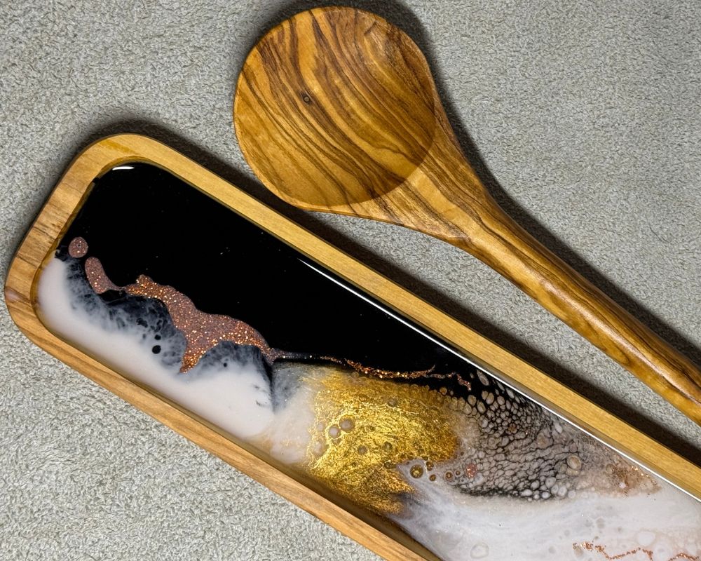 Olive Wood Spoon Rest with Black Bear Resin Art and 24K Gold Inlay