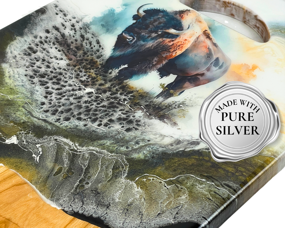 Wyoming Engraved with Bison XLarge Charcuterie Board with Pure Silver
