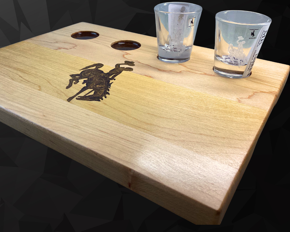 Wyoming Cowboy Shot Glass Flight Board – Maple Wood with Resin Logo