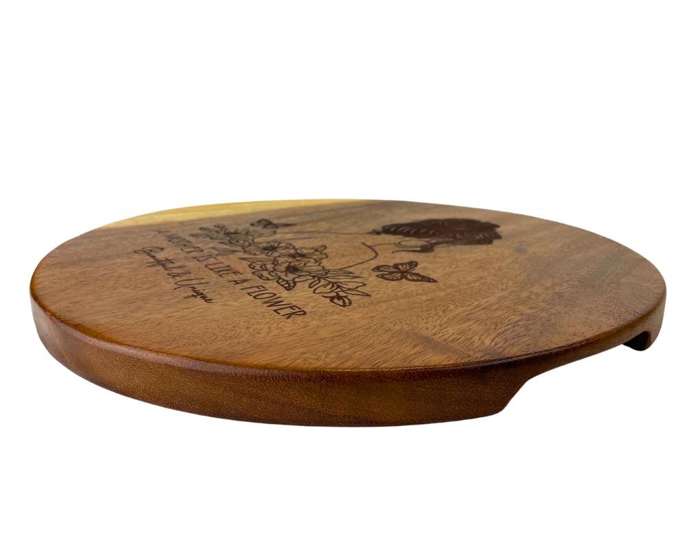 For lasting beauty, hand wash your board with warm water and mild soap. Avoid submerging and never put it in the dishwasher