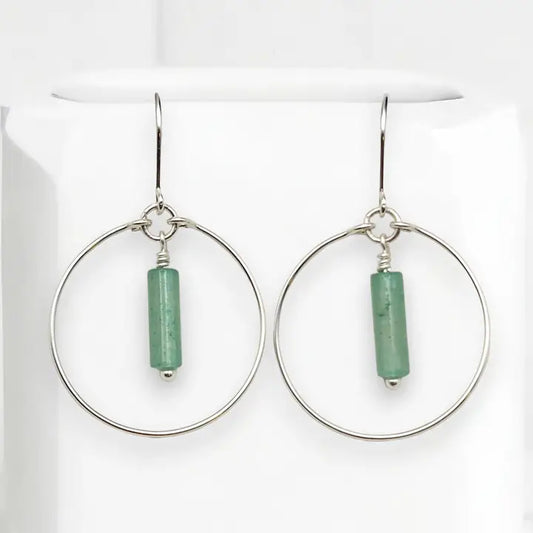 Earrings- Silver Hoops with Green Aventurine