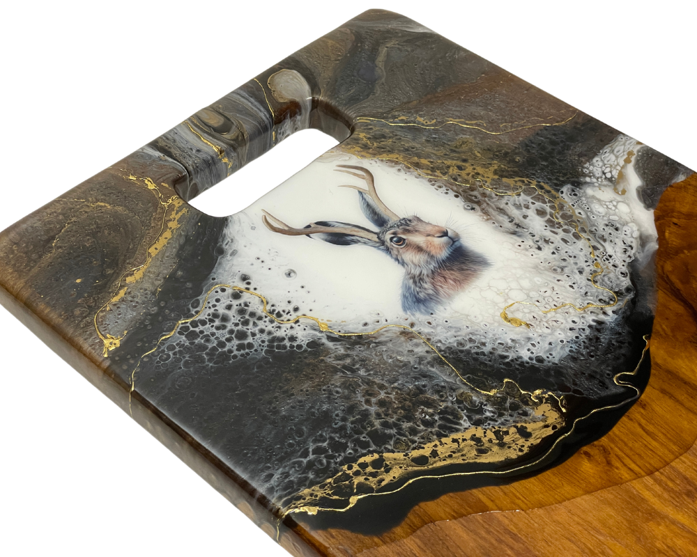 " Jackalope Head " Teak Cheese Board with 24 K Gold