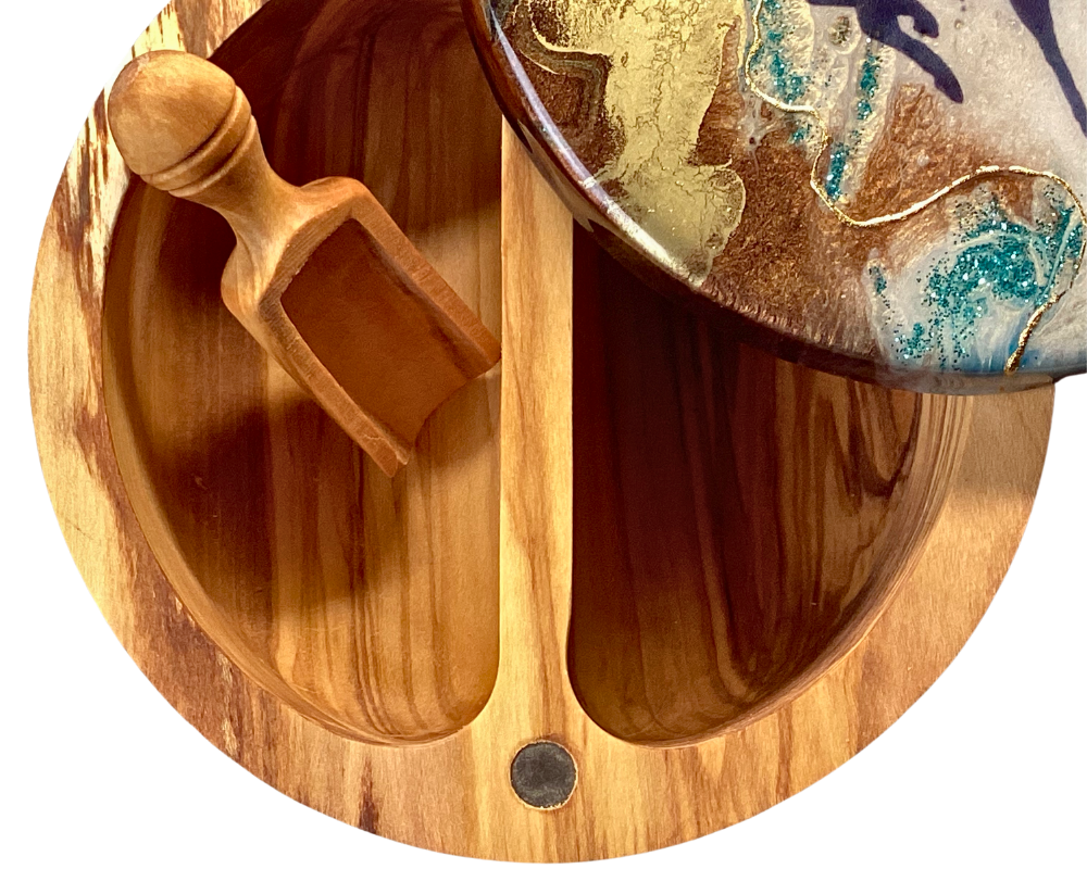 Wyoming Cowboy Olive Wood Spice Cellar with Resin Art – Dbl. Compartment
