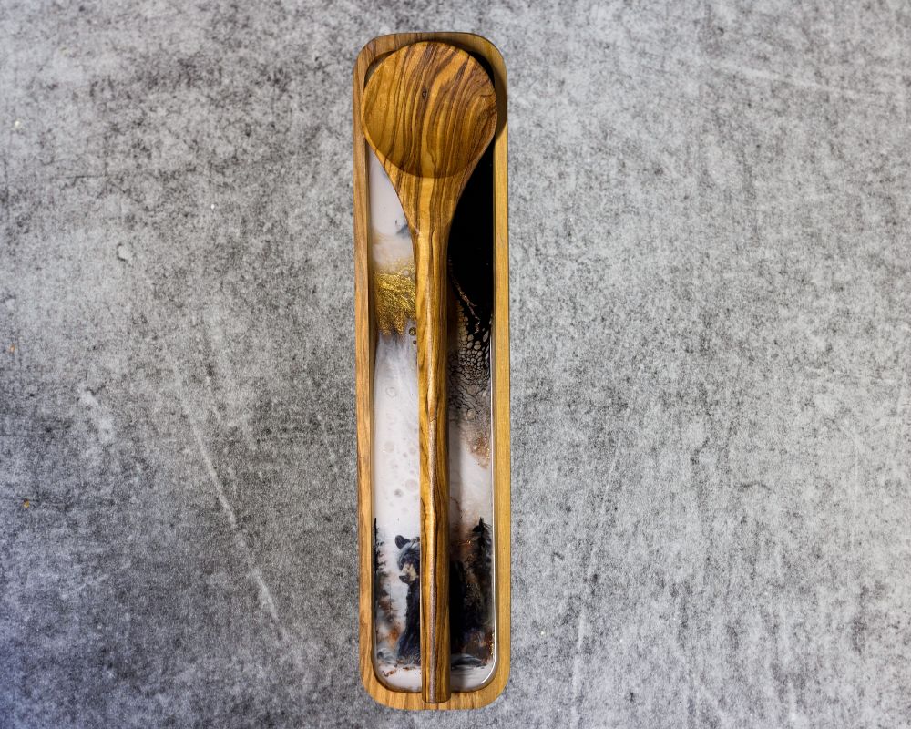 Olive Wood Spoon Rest with Black Bear Resin Art and 24K Gold Inlay