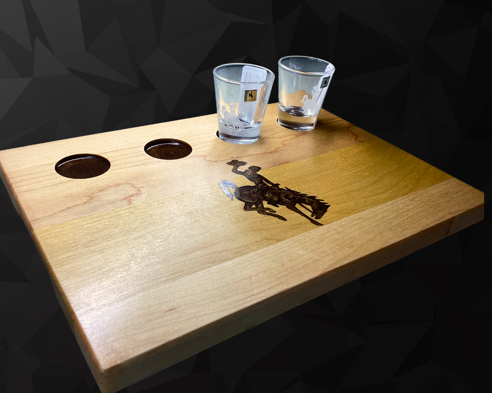 Wyoming Cowboy Shot Glass Flight Board – Maple Wood with Resin Logo