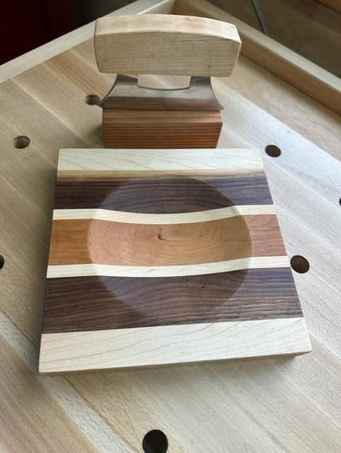 Ulu board. Maple, Walnut, Maple, Cherry, Maple, Walnut, Maple. Maple handle on the Ulu Knife. Redwood knife block stand